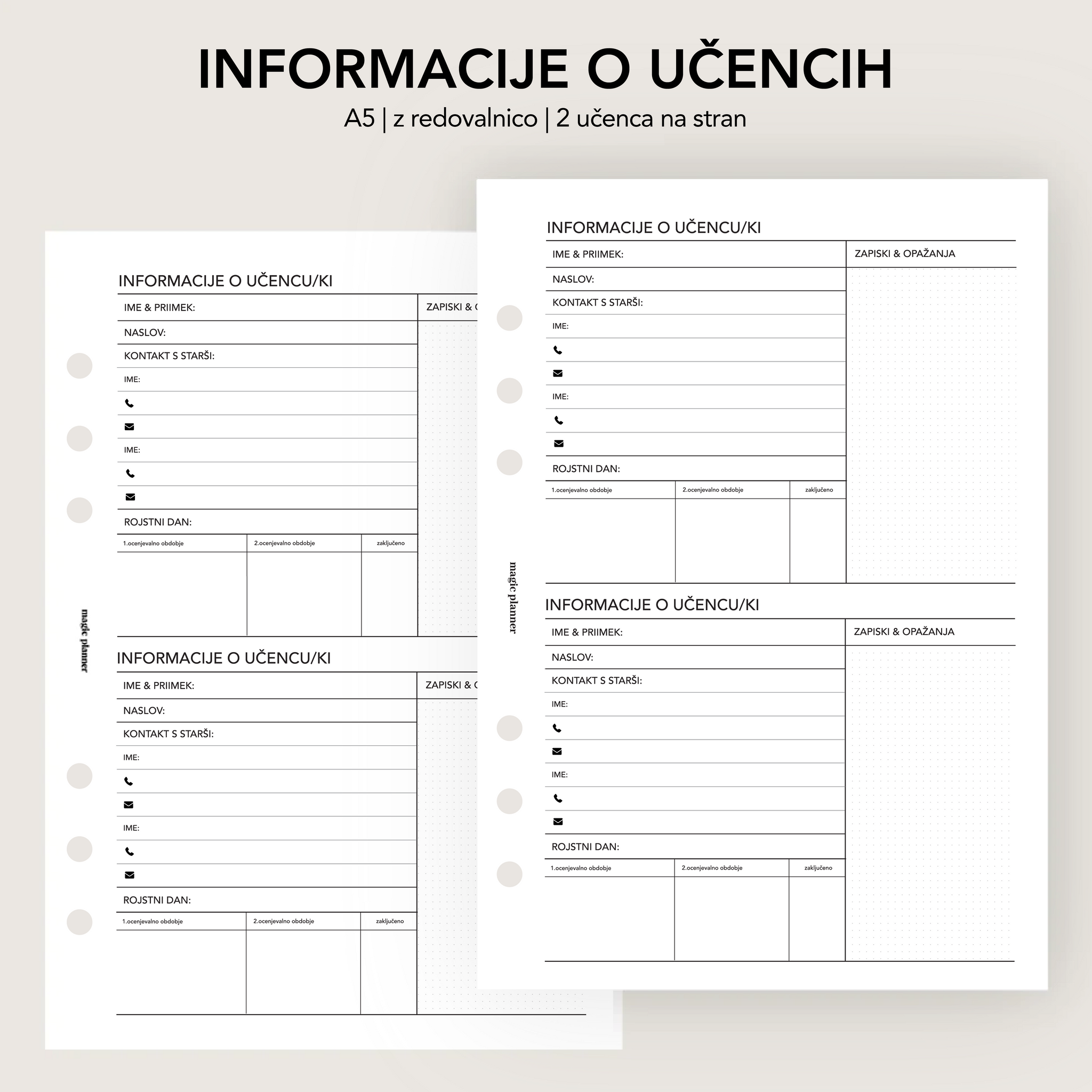 Inserti | informacije o učencih - z redovalnico | 2 učenca na stran