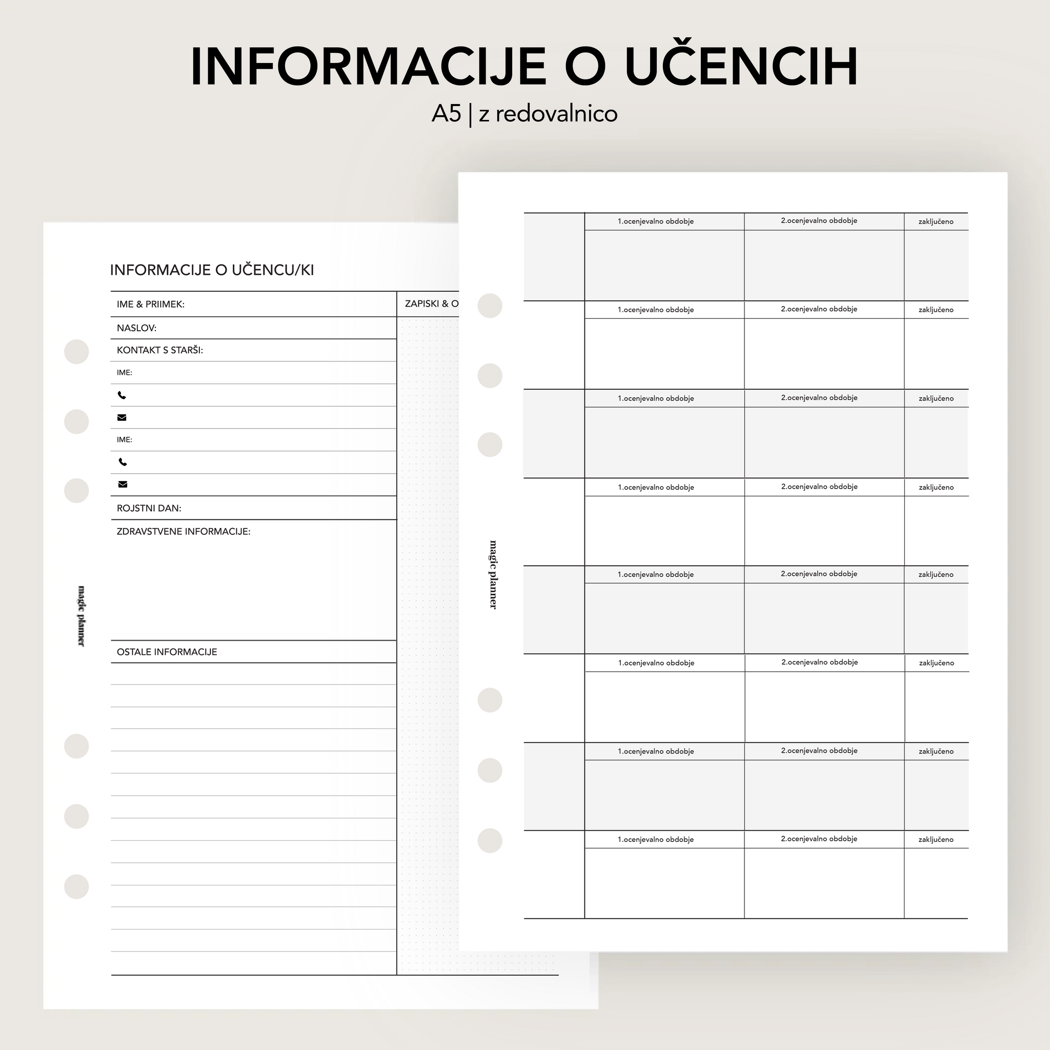 Inserti | informacije o učencih - z redovalnico | 1 učenec na dveh straneh